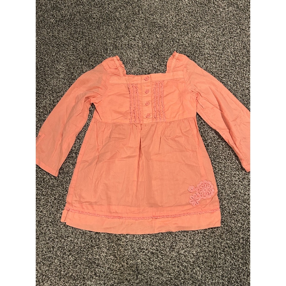 Kk22‎ Baby Girl Peach Button Up Long Sleeve Dress Crochet Flower Detail Size 4T